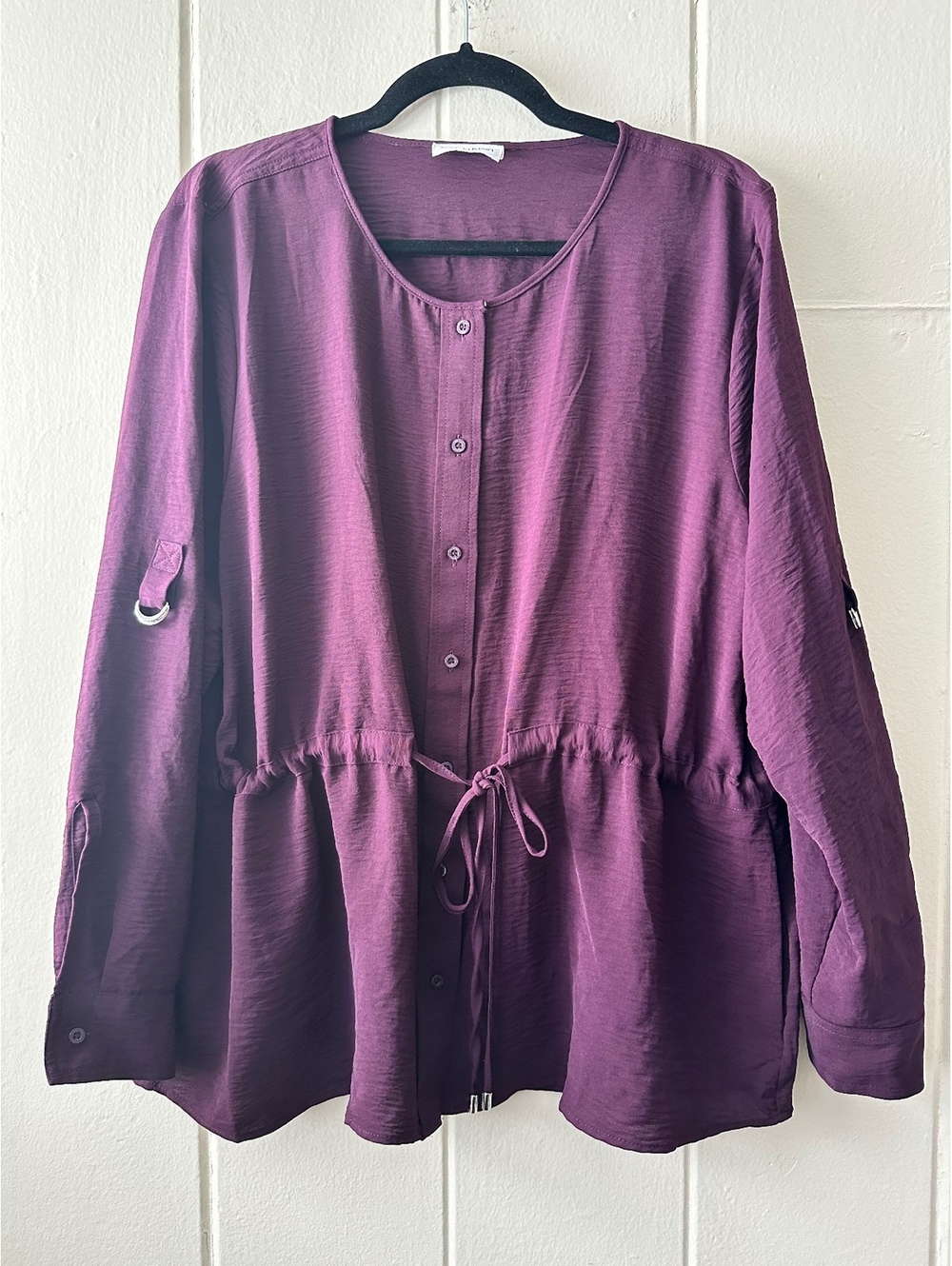 Calvin Klein NWT Plum Aubergine Drawstring Waist Roll-Tab Tunic Blouse Size XL